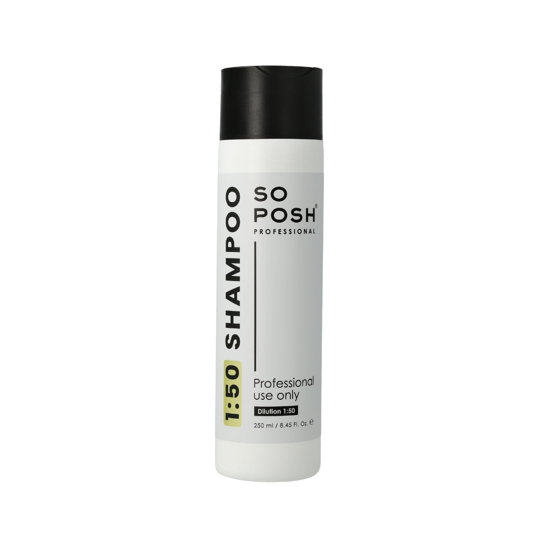 Shampoo bottle labeled '1:50 So Posh 250ml' on a white background